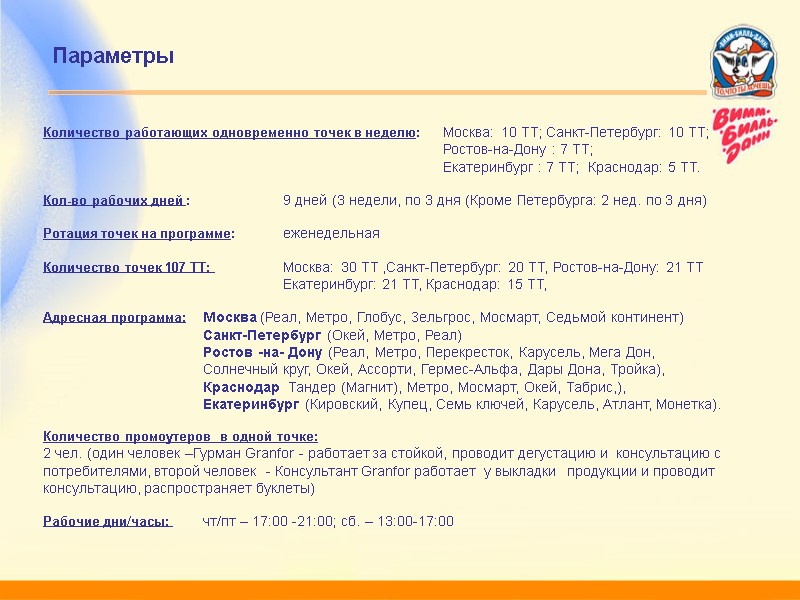 Параметры Количество работающих одновременно точек в неделю: Москва: 10 ТТ; Санкт-Петербург: 10 ТТ; 